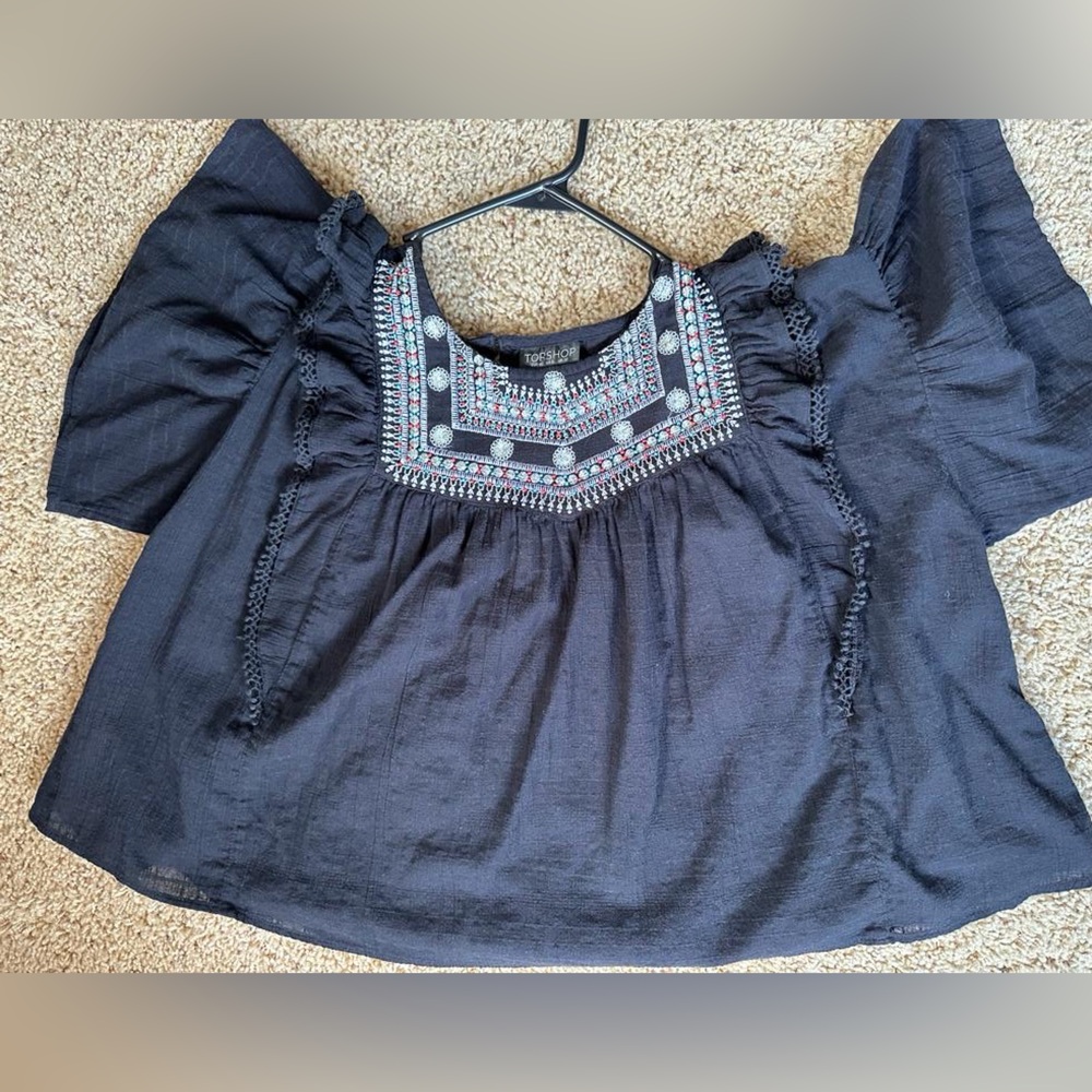 Topshop black blouse with ruffles and embroidery
